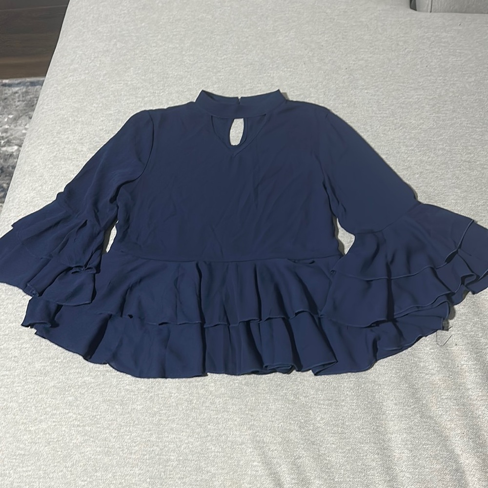 Navy Blue Peplum and Flutter Sleeve Blouse Tie Back
